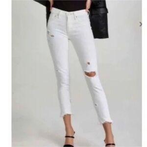 MOUSSY Vintage Glendale Distressed White Denim Jeans Raw Hem